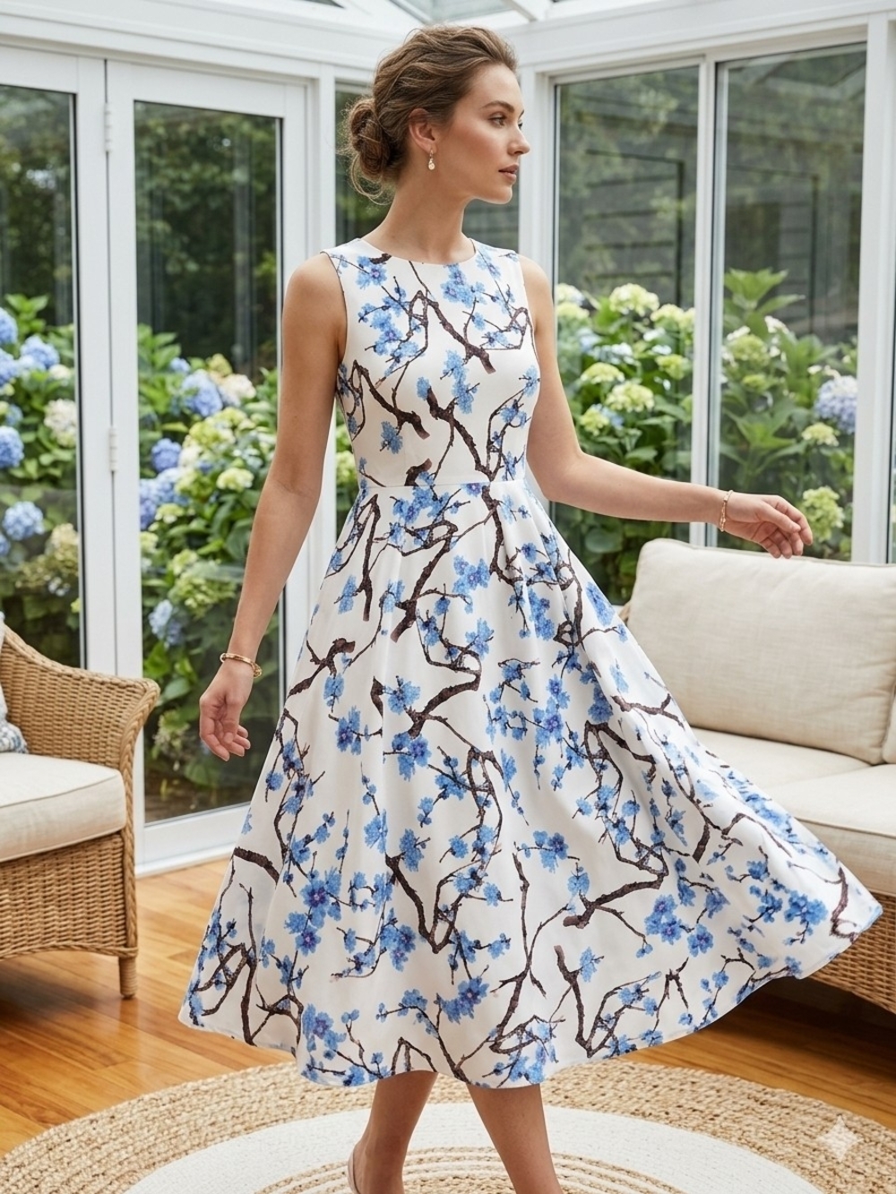 1861 Sleeveless White Midi Dress Blue Floral Print Romantic Retro Cottagecore L